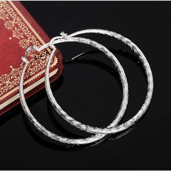 925 sterling silver color Earrings 70MM Shiny Big Wave pattern hoop earrings - Picture 5 of 6